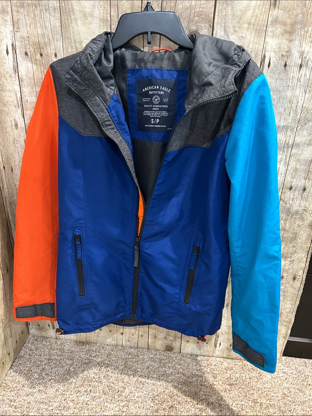 American Eagle Outfitters Colorblock Hooded Windbreaker Blue/Orange/Turquoise Sm